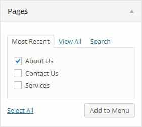 Screenshot of the pages list on the Menu management page in the WordPress dashboard