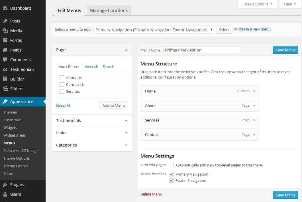 Screenshot of the Menu management area in the WordPress dashboard