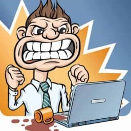 Comic-style illustration of an angry man at a laptop with a spilled cup of coffee