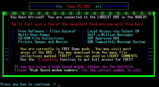 Screen capture of an old bulletin board system (BBS) from the 1990s