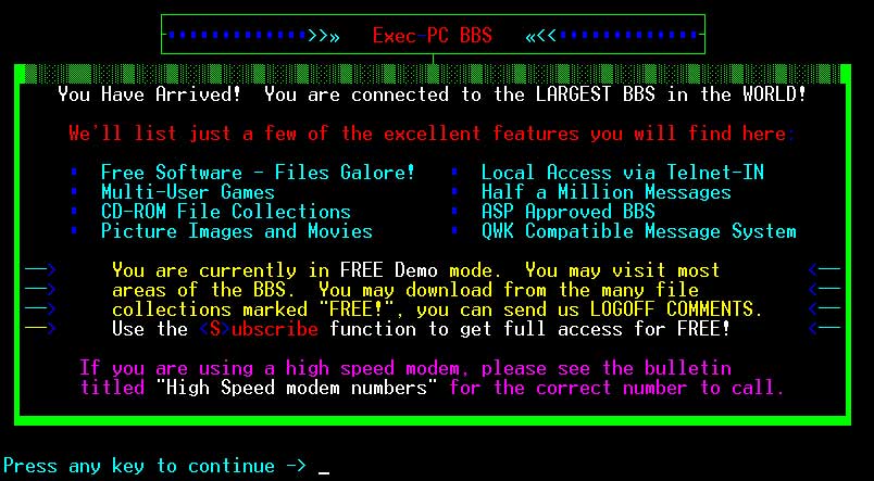 Screenshot of a bulletin board system (BBS) from the 1980s