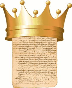 An old written document with a gold crown on top of it