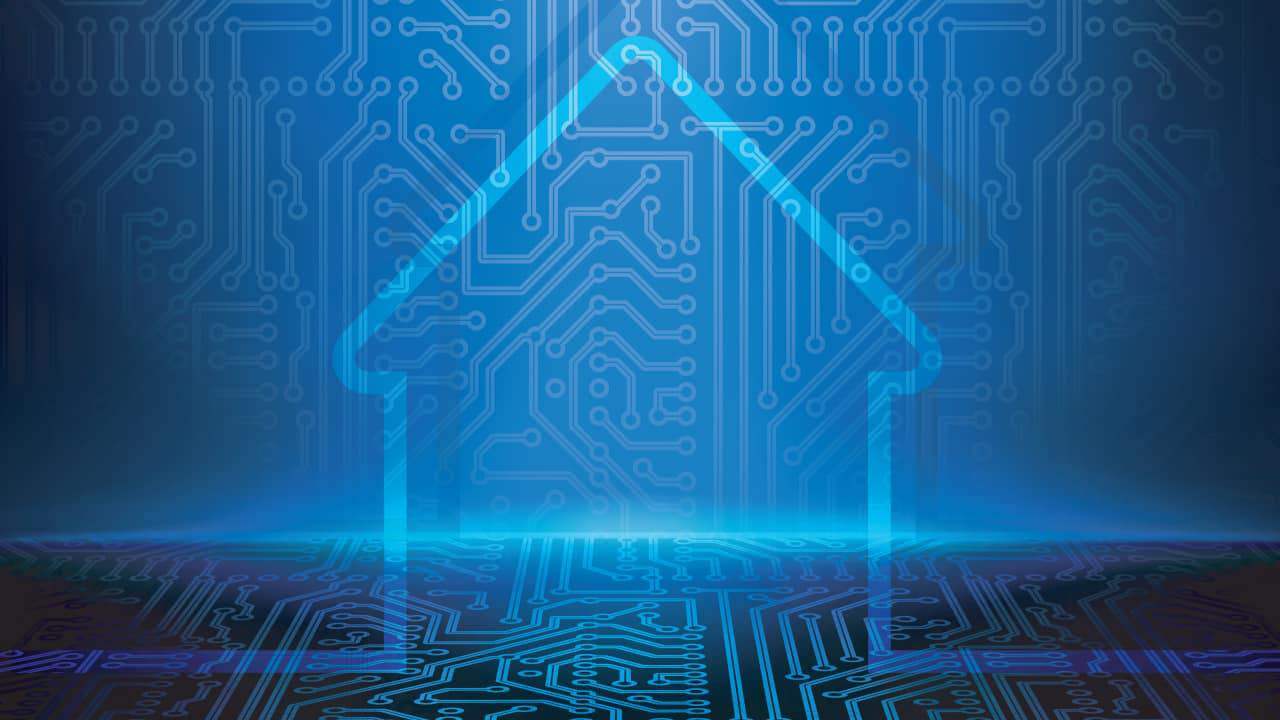 Silhouette of the shape of a house over a blue circuit board background