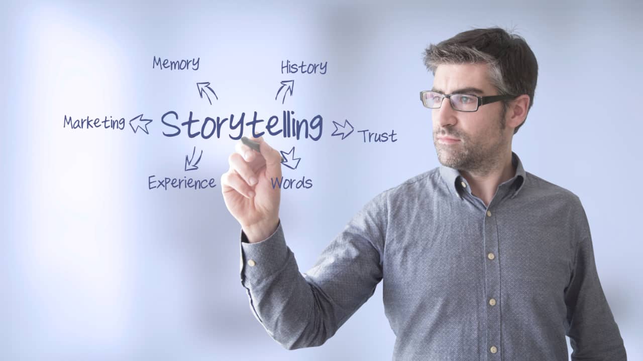 A man pointing to "storytelling" on a glass wall with other related terms surrounding it