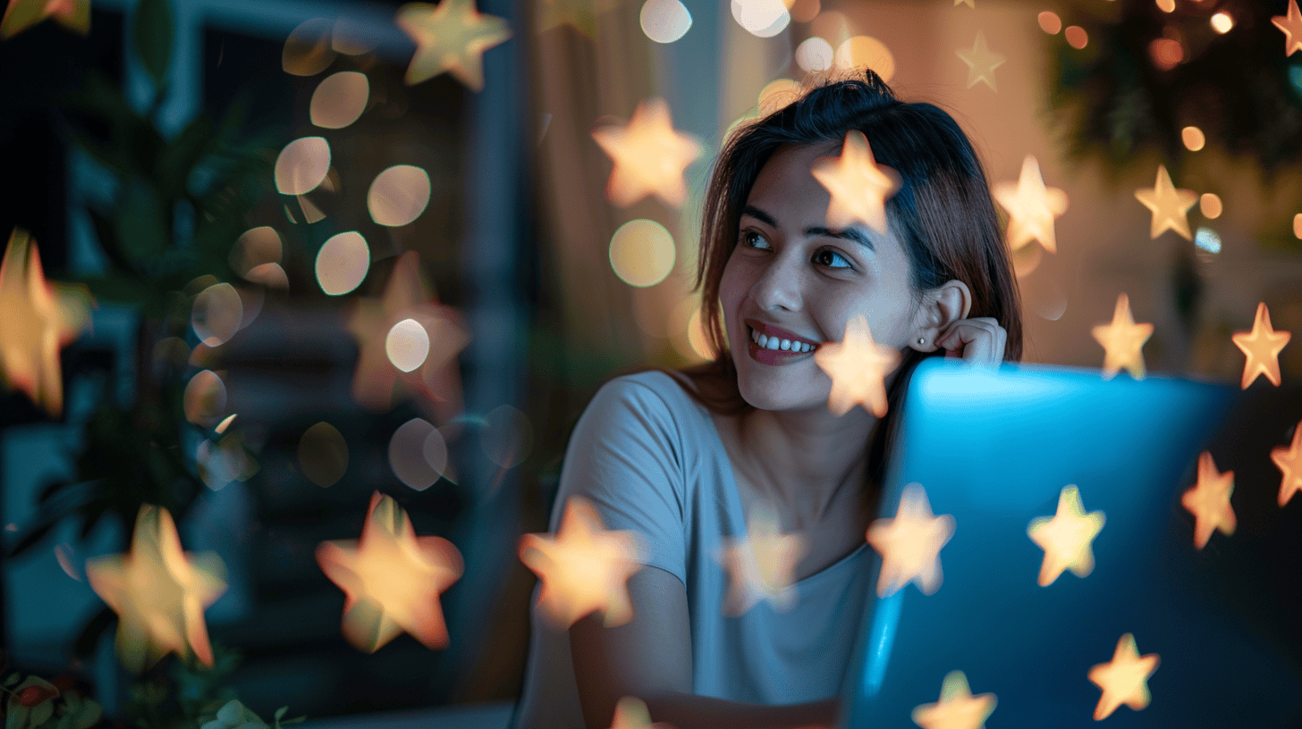 Happy Woman Sitting At Laptop Stars Swirling Around Her