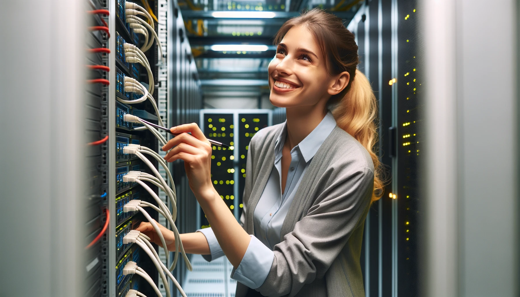 Happy Woman Working On A Server Rack In A Datacenter