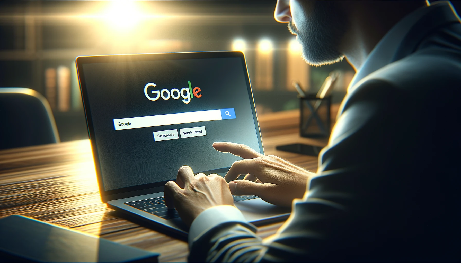 Man Preparing To Search Using Keywords From Laptop At Google