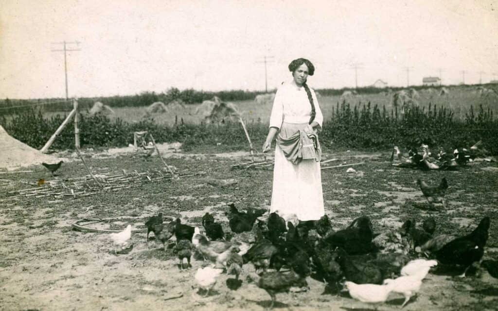 Great Grandma Mary Feeding Chickens in Idaho